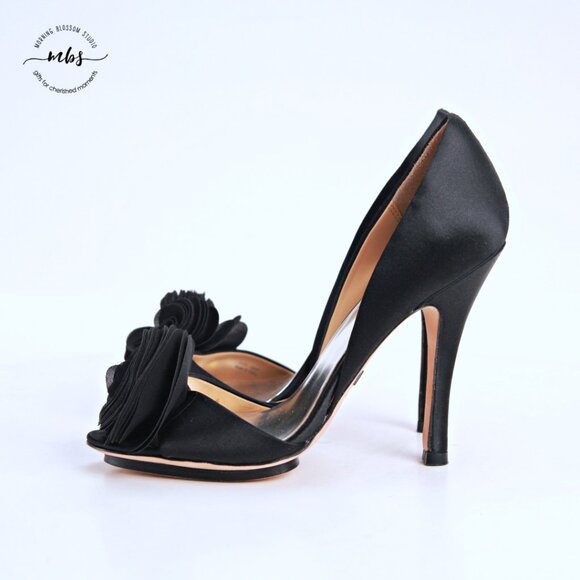 Badgley Mischka Satin Rosette Open Toe Stiletto Heels Black Women 7.5 - Picture 4 of 14